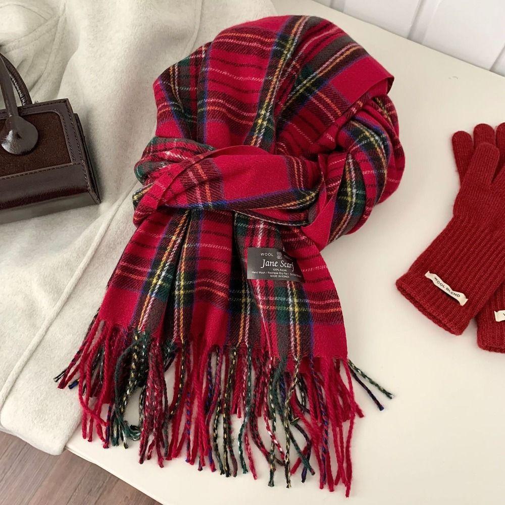 New Year Plaid Wool Scarf Tassel Red Long Shawl Elegant Winter Knitted Scarves Student