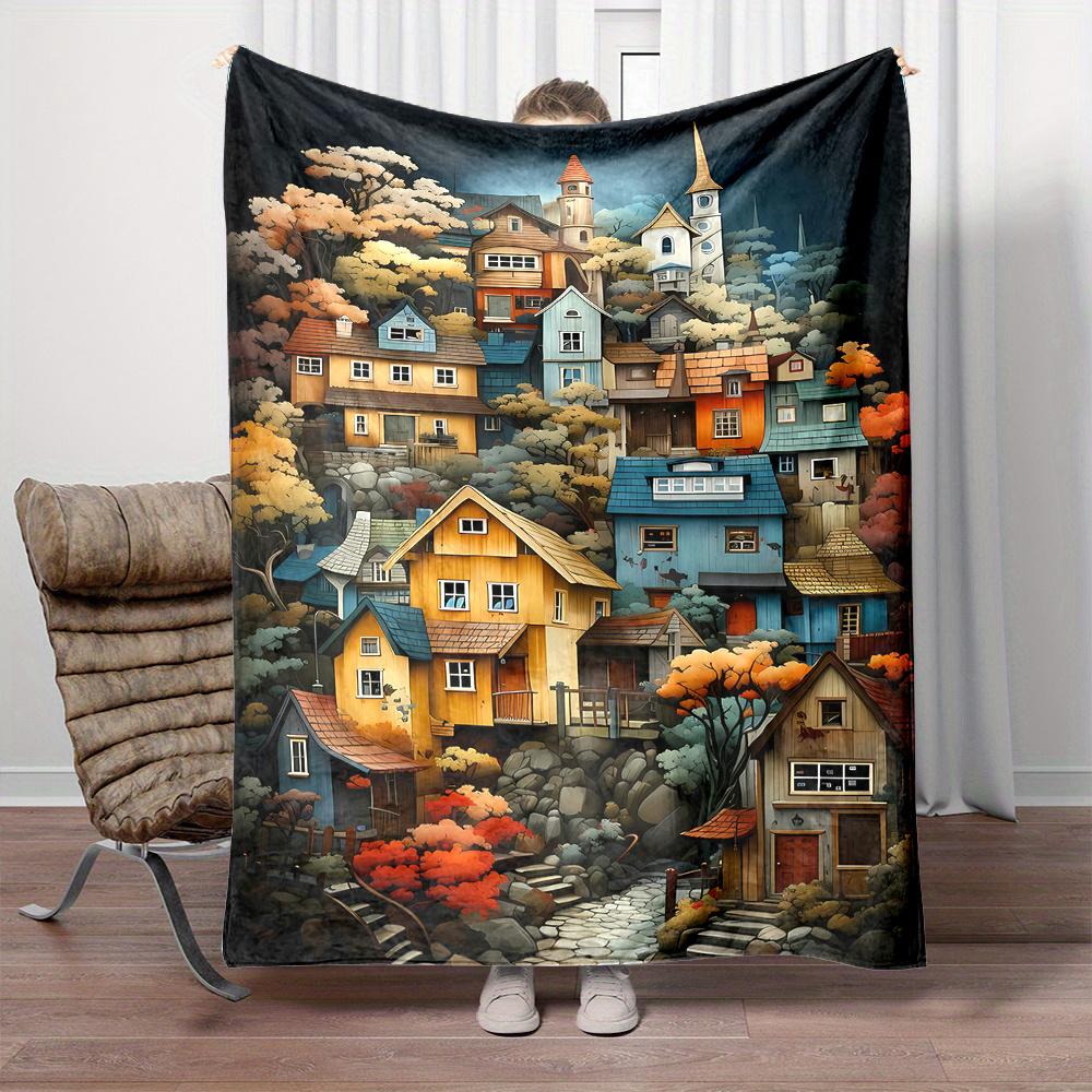 Urban Chic Flannel Throw Blanket - Soft, Reversible Cartoon Cityscape Design for Couch, Bed, Office, And Travel - Perfect Gift for All Seasons