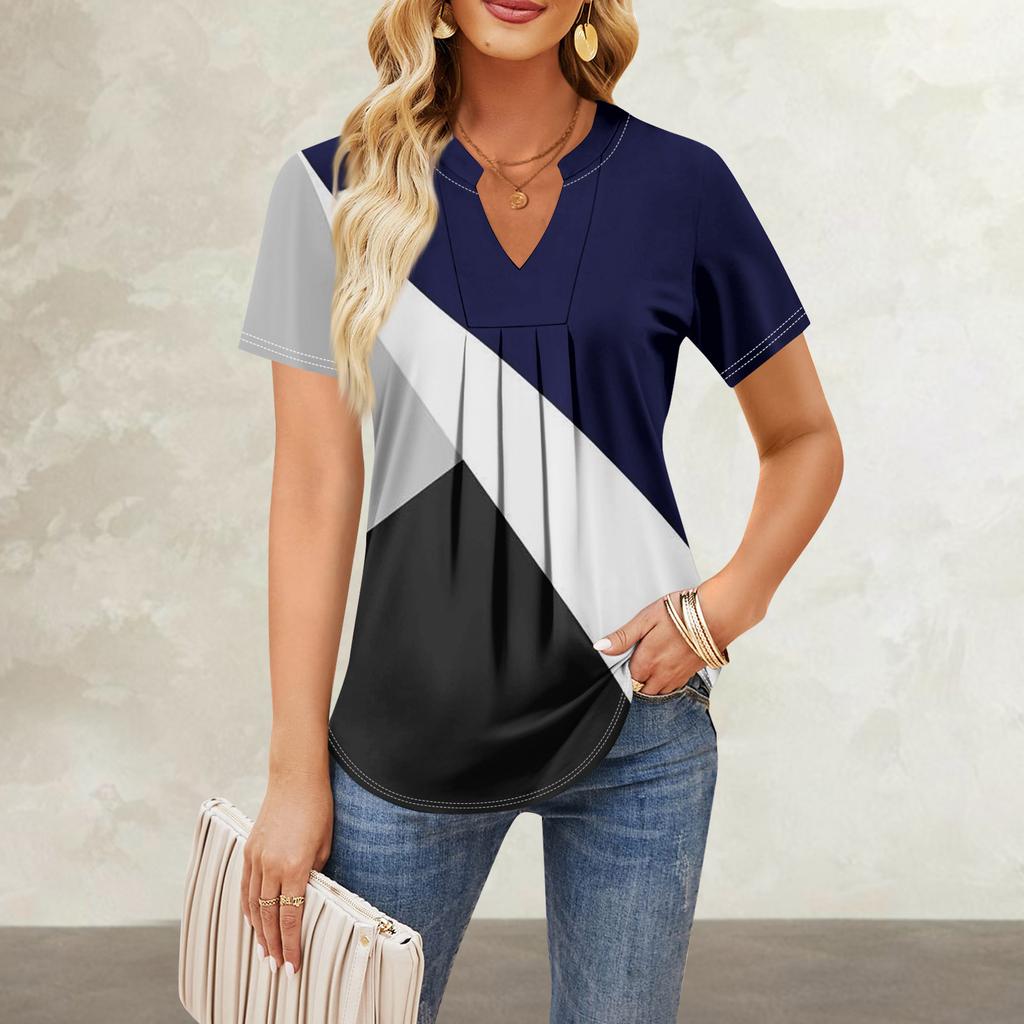Women's Short Sleeve Casual V-neck Chest Pleated Printed Loose T-shirt Top
