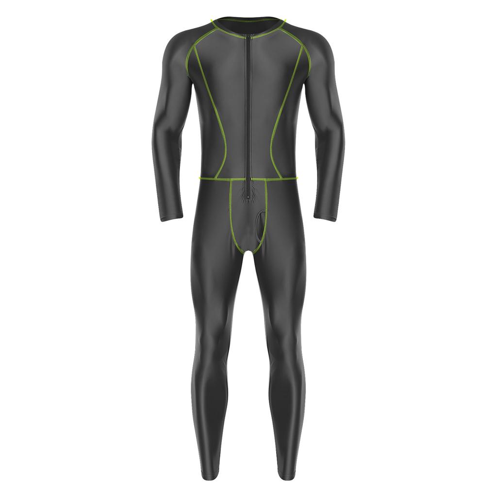 Мужской блестящий компрессионный комбинезон облегающего кроя с внешними плоскими швами, на молнии спереди, с длинными рукавами и длинными штанами, ромпер для йоги