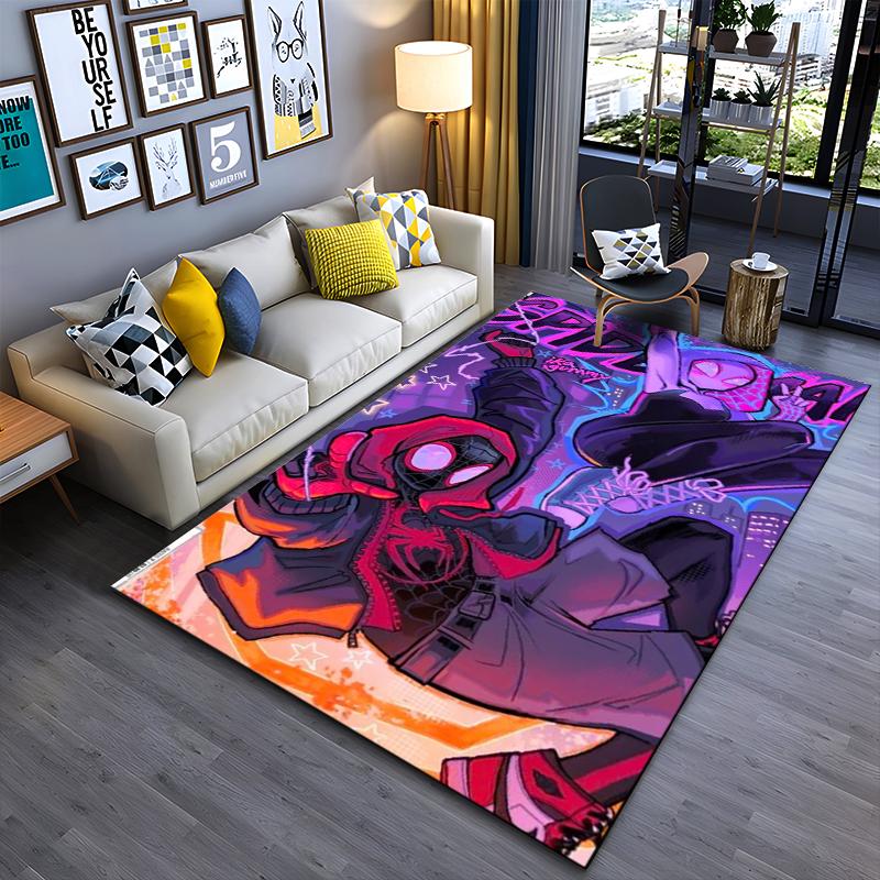 Area Rug, Spider-Man Spider-Verse Miles Morales Gwen Stacy Neon Purple Pink City Print, Playroom Decor, Non-Slip Mat