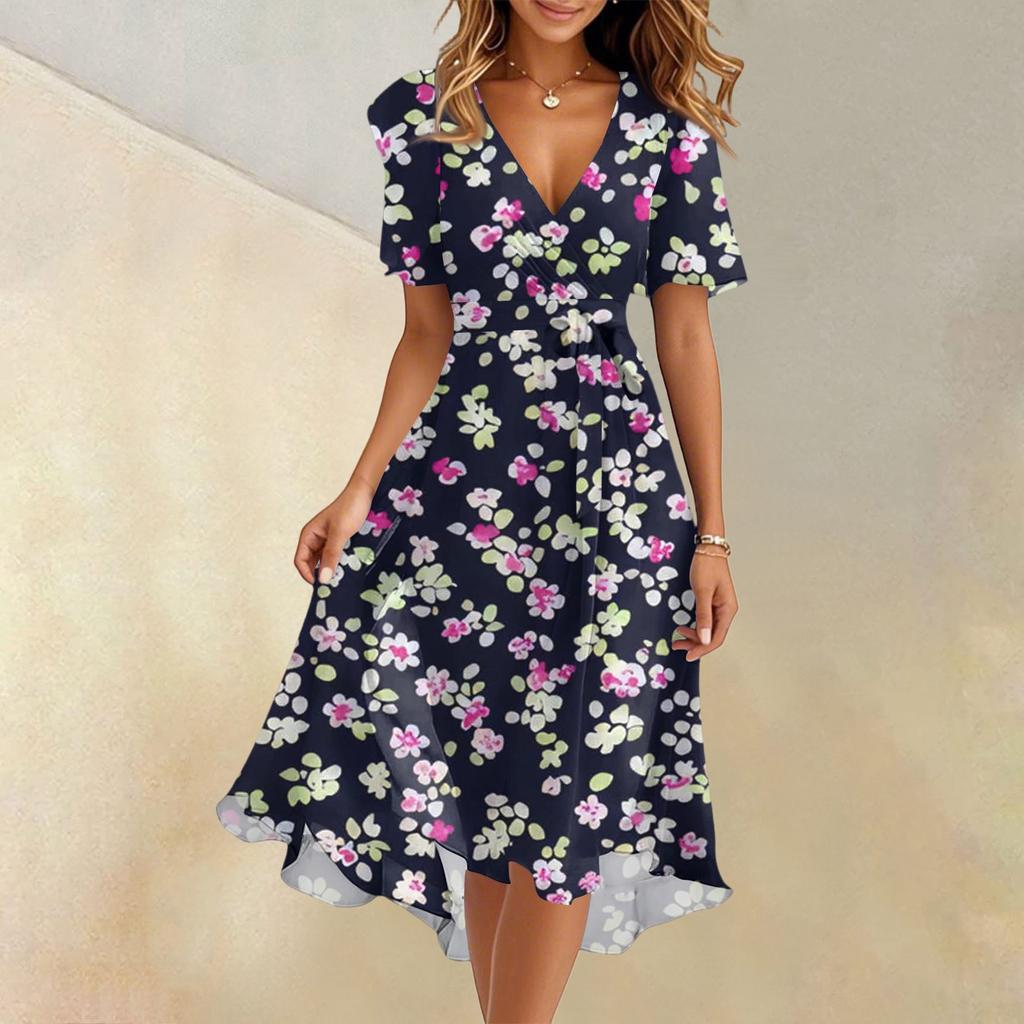 Women's Summer Fashion V-Neck Flared Dress Short Sleeve Floral Dresses