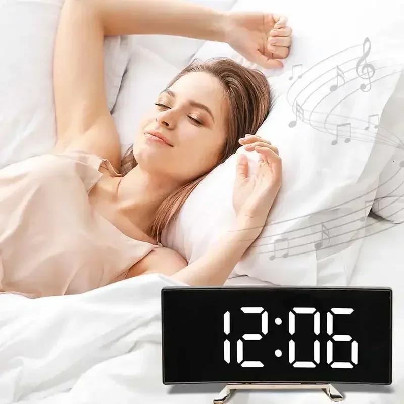 Creative Curved Electronic Clock LED Large Screen Plug-in Battery Dual-purpose Mirror Alarm Clock Student Bedroom Dedicated