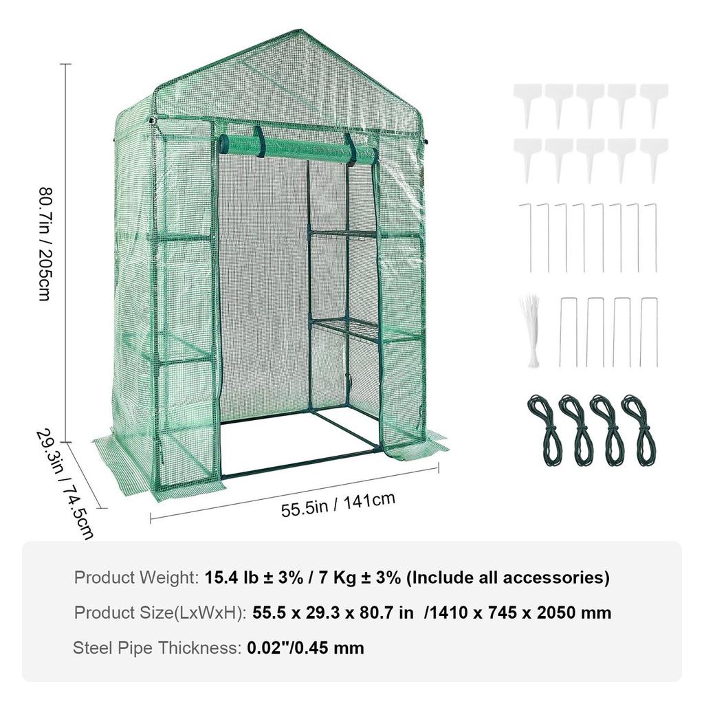 Walk-in Green House, 4.6 x 2.4 x 6.7 ft Greenhouse with Shelves, Set Up in Minutes, High Strength PE Cover with Doors & Windows and Steel Frame,