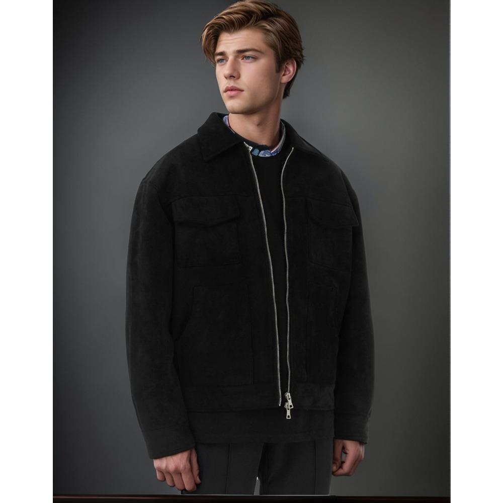 ZYLLO Осенние куртки Оверсайз Повседневная одежда Хай-стрит Карманы Лацкан Молния Замша Толстое пальто Мужская ветровка Свободного кроя