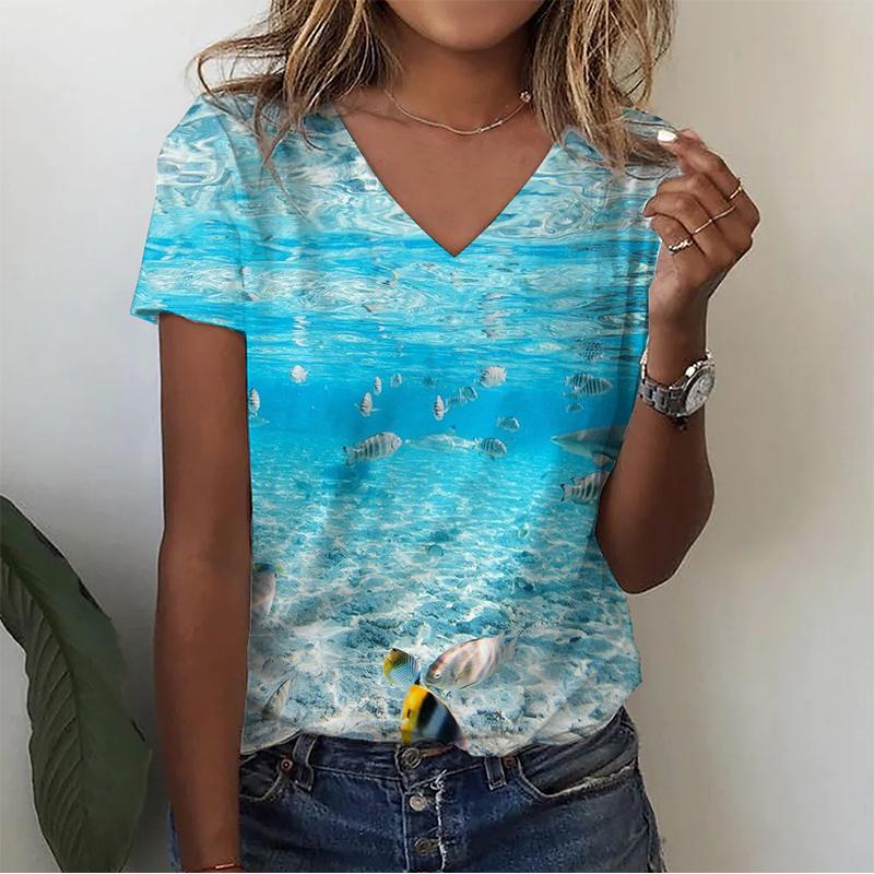 Summer V-neck 3D Infauna Printed Top Fashionable Casual Short Sleeved Women's T-shirts