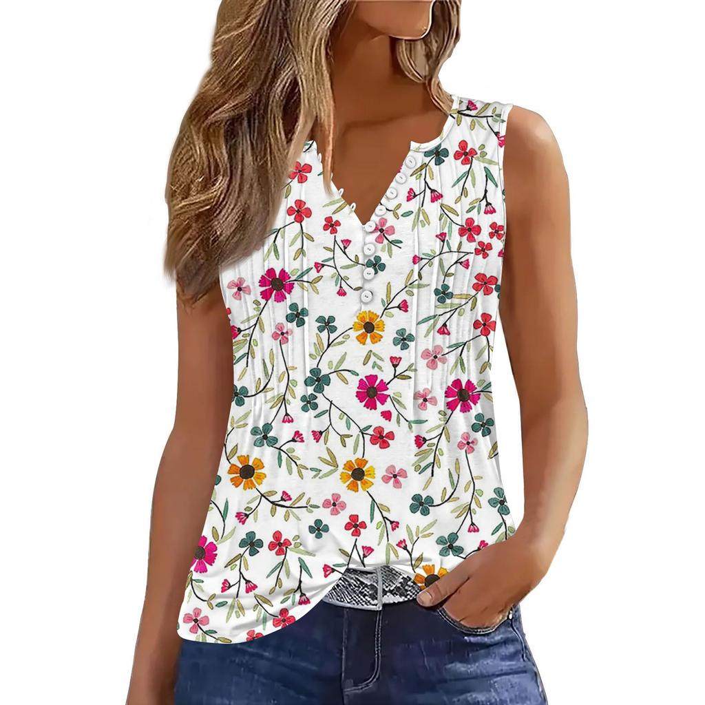 Женская повседневная свободная плиссированная рубашка с цветами и растениями, футболка с V-образным вырезом и застежкой на пуговицы, безрукавка, топ