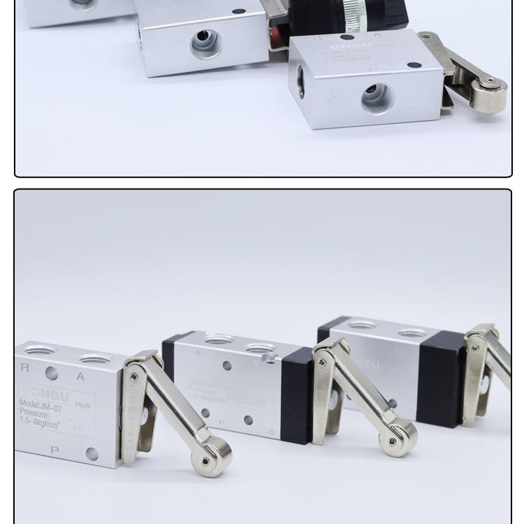 Sheng Yu JM-322PB Pneumatic Valve: 2-Position, 3-Way Button Type with JM Roller, Aluminum Alloy Construction.