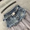 Women Denim Mesh Patchwork Skirt High Waist A Line Asymmetric Frill Tulle Gothic Chic Skirts