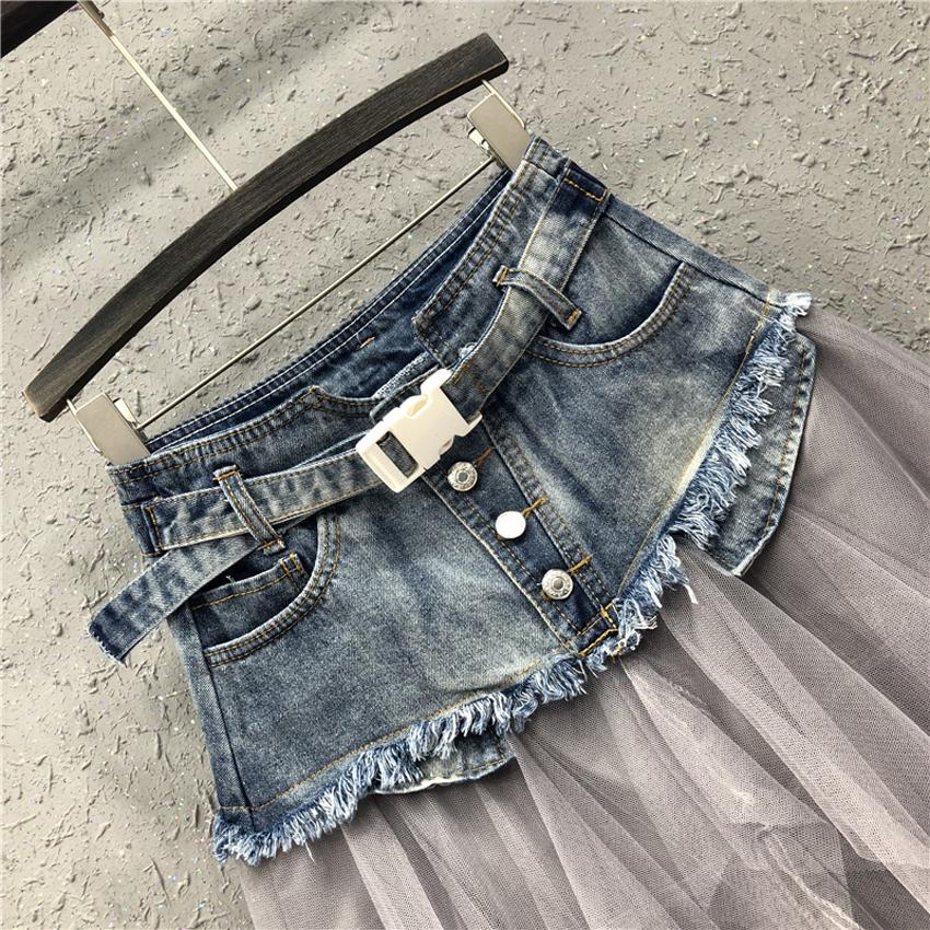 Women Denim Mesh Patchwork Skirt High Waist A Line Asymmetric Frill Tulle Gothic Chic Skirts