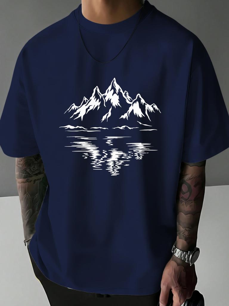 Unisex Black Tee Mountain Water Reflection Nature Graphic Print Crew Neck Short Sleeve Summer Casual Male Cotton Street Top