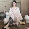 V-neck Autumn New Pajamas for Women, Ice Silk Lace, Chic and Sweet Jacquard Gauze Sleeves, Smooth Two-piece Pajamas Set