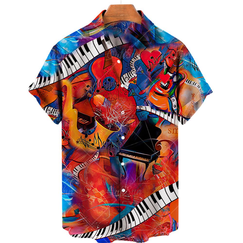 Summer Hawaiian Shirts For Men Music Guitar Printed Tops Clothing Fashion Casual Oversized Collar Rock And Roll Blouses