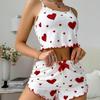 2 Pcs/Set Women Summer Pajamas Suit Adjustable Strap Sleeveless Heart Print Crop Top Shirring Bedroom Sleepwear Set