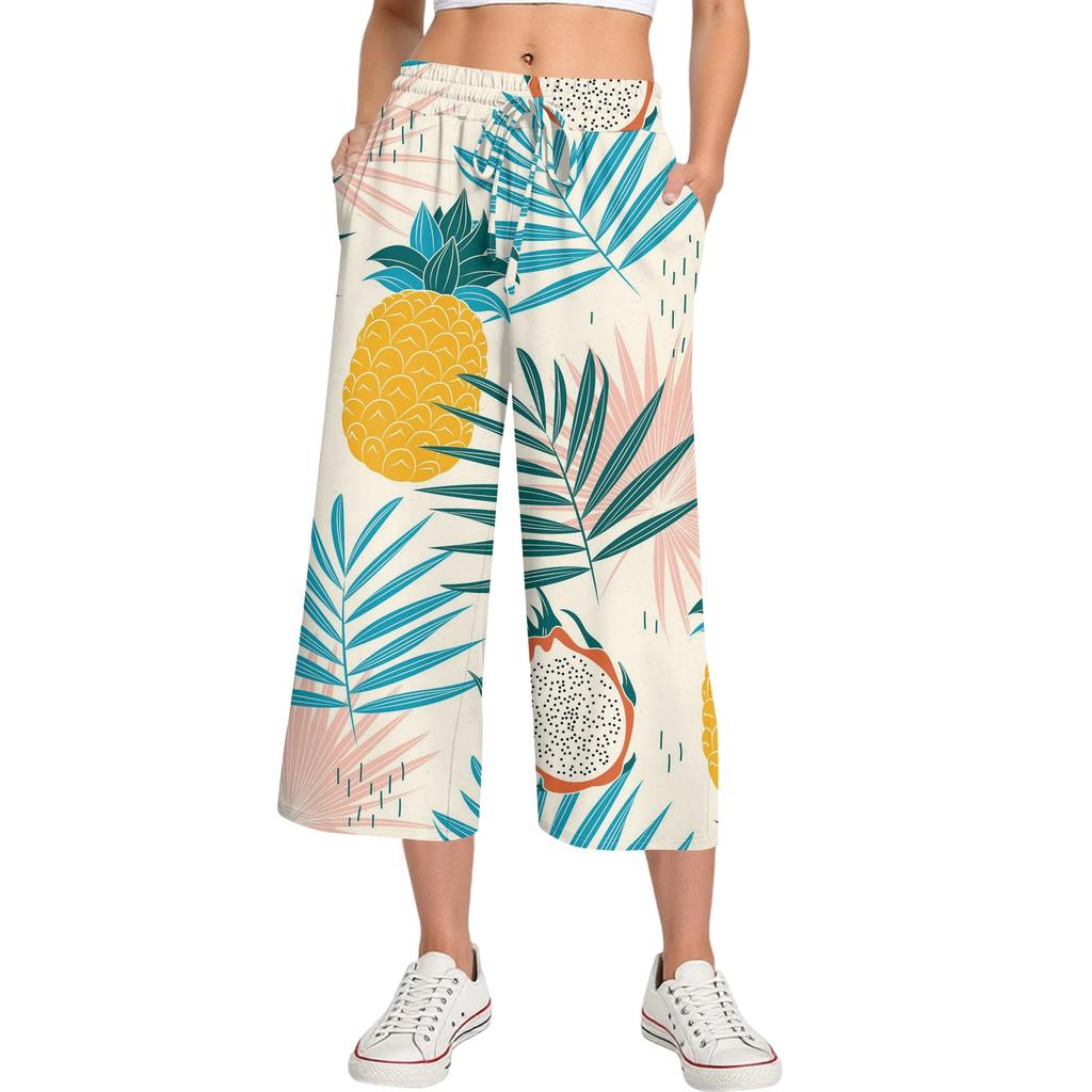 Женские летние повседневные спортивные брюки с высокой талией и принтом, укороченные брюки свободного покроя