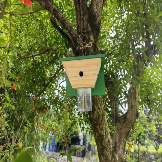 Wood House Carpenter Bee Trap with Clear Bottle Outside Natural Wood Boring Bee