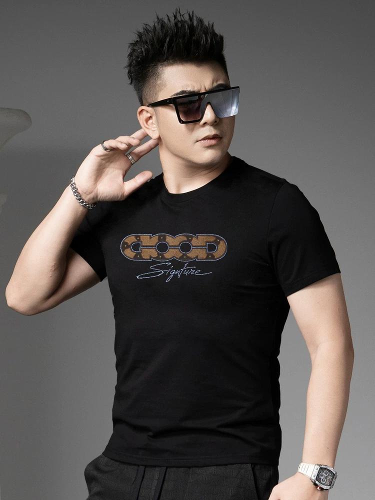 Ozhouzhan Trendy Slim fit Short sleeve T-shirt Men 2025 New Summer Trendy Brand Hot Drilling Print T-shirt Half Sleeve Top