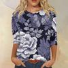 Women's Fashion Casual Round Neck Three-quarter Sleeve Retro Floral Print T-shirt Top