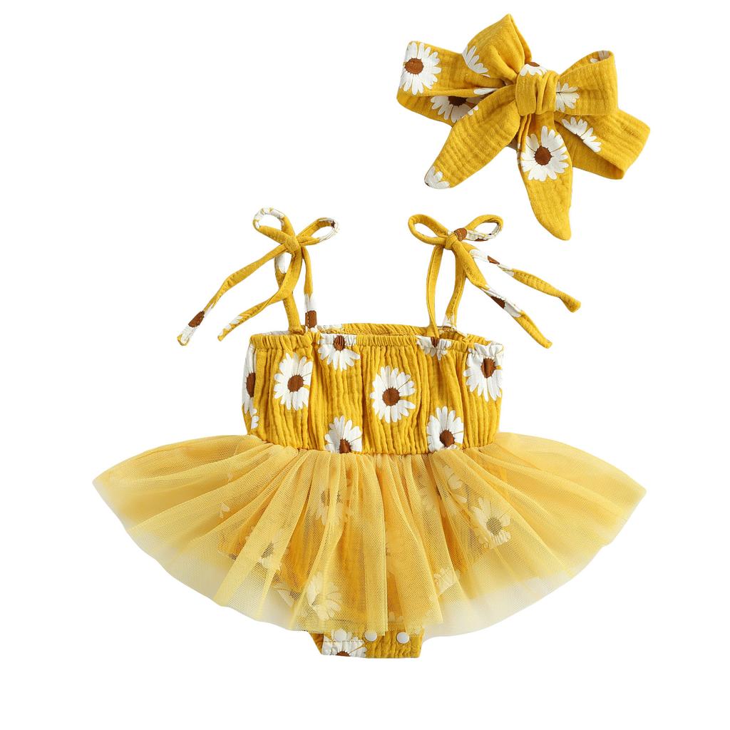Комбинезон на шнуровке для девочек с подвязками и принтом в виде свежей ромашки, сетчатая пряжа, комбинезон и повязка на голову
