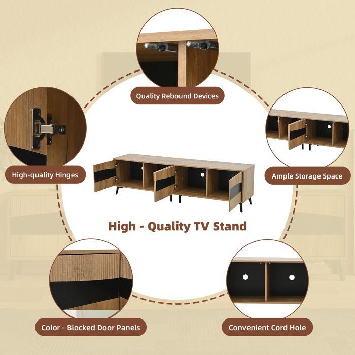 Meuble TV - LEMONBEST - Meuble TV de salon moderne - 180x40x50 cm - 4 portes - Bois & noir