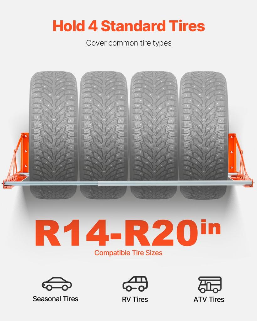 VEVOR Wall Mounted Tire Rack, 31" - 56" Adjustable Tire Rack, Q235 Heavy-Duty Steel Tire Storage Rack for R14-R20 inch Standard Tires