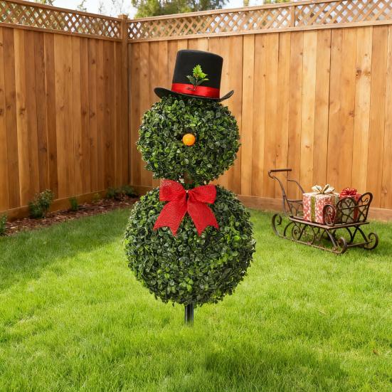 Yousheng Christmas Snowman Topiary Artificial Snowman Shaped Topiary Tree with Bow And Hat Outdoor Boxwood Topiary with Stake for Home Porch Decor