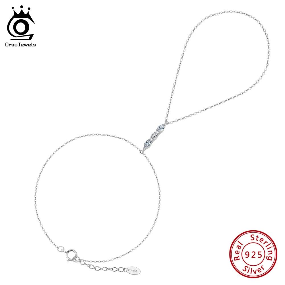 ORSA JEWELS Fashion 925 Sterling Silver 5A Zircon Finger Bracelet for Women Simple Shiny CZ Long Y Chain Bracelet Jewelry APV03