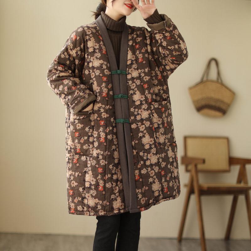 Ethnic Retro Plate Button Floral Cotton Coat For Women Autumn Winter Loose Large Size Medium Length Padded Jacket Tunic T1464