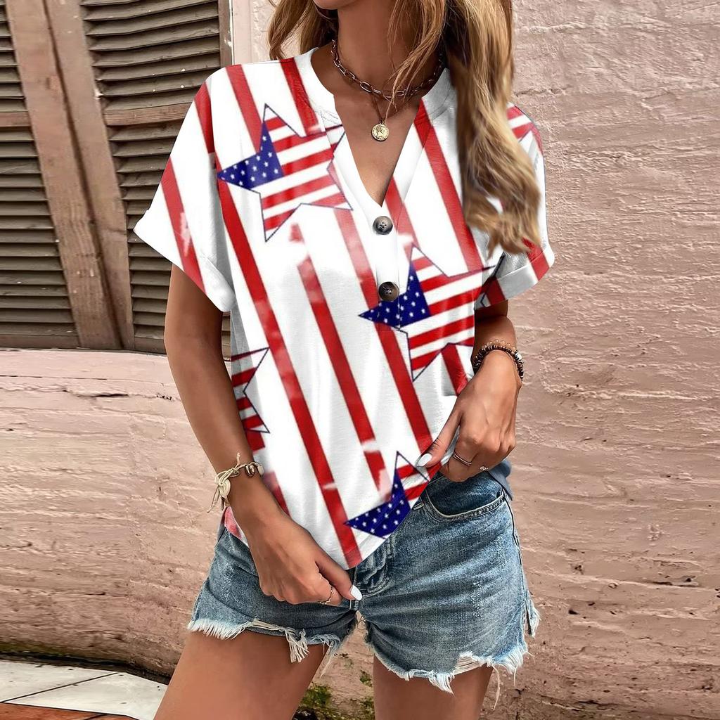 Fashion Womens Loose Summer Plain V Neck Button Button Short Sleeve Casual Tops