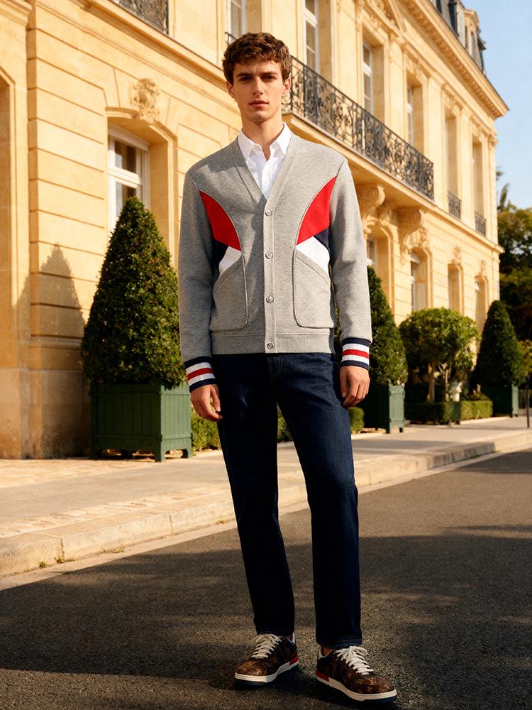 Хлопковый кардиган для весны и осени: Модная красно-бело-синяя куртка-пэчворк для пар (B05)