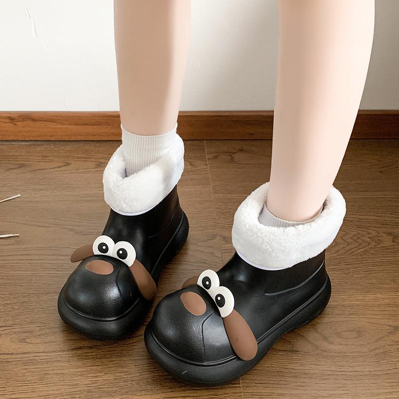 Милые мультяшные хлопковые ботильоны до щиколотки с ЕВА подошвой 'Собачка', женские, зима 2025, теплые, с коротким плюшем, дождевые сапоги, мягкая подошва, нескользящие, водонепроницаемые ботильоны