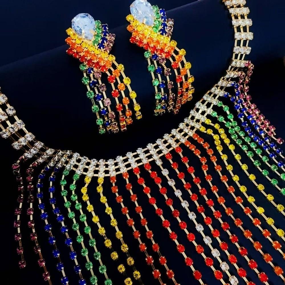 Vintage Rhinestone Crystal Necklace Shiny Ear Studs Luxury Rainbow Tassel Jewelry Set Evening