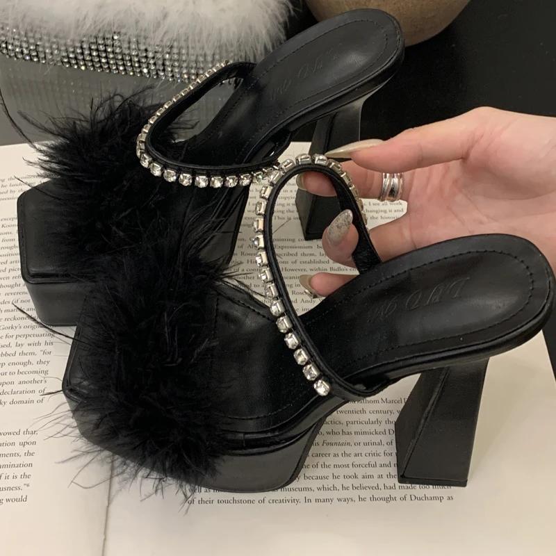 Fashion Sexy Slippers Women Rhinestone Fluffy Feather Sandals Platform Chunky High Heels Party Nightclub Ladies Mules Shoes
