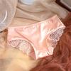 Women Bowknot Spaghetti Strap Satin Panties Mid Waist Hollow Out Lace Briefs Solid Color Seamless