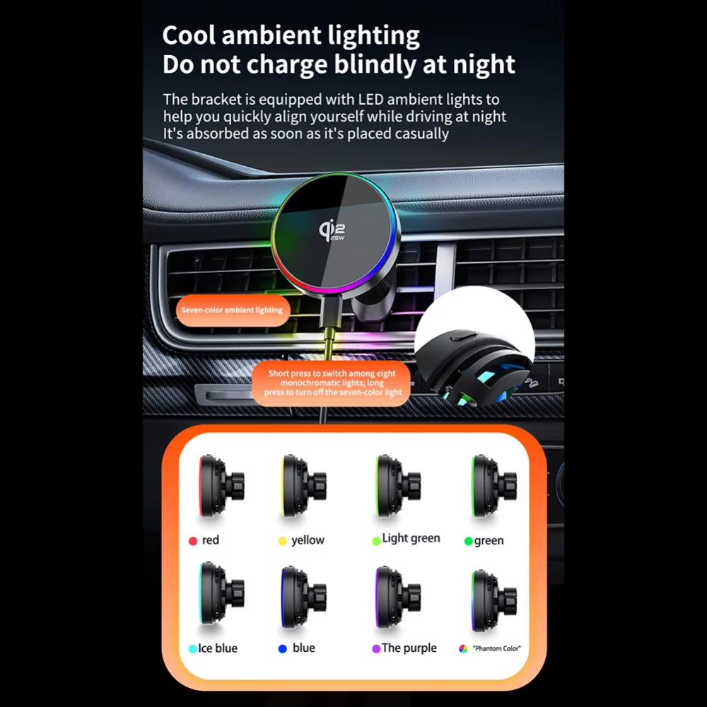 Magnetic 25W Wireless Car Charger Air Vent Phone Holder Stand with RGB Ambient Light For iPhone 17 16 Pro Max 15 14 13