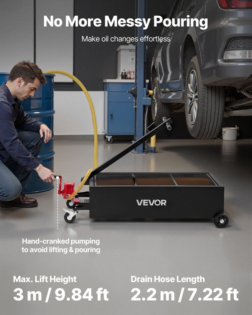 Low Profile Oil Drain Pan, 94.6 L Capacity, Rolling Oil Drain Pan with Manual Pump, 2.2 m Hose & T Folding Handle, Leak-proof & Corrosion-resistant,