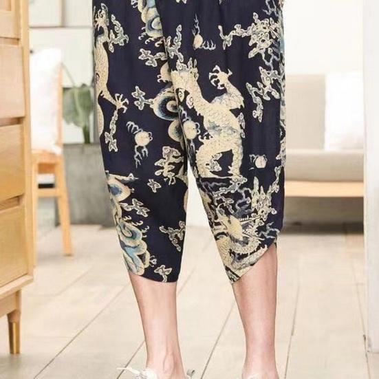 Летние мужские брюки больших размеров с ретро-принтом в китайском стиле, боковые карманы на шнурке, эластичная талия, свободные повседневные укороченные брюки