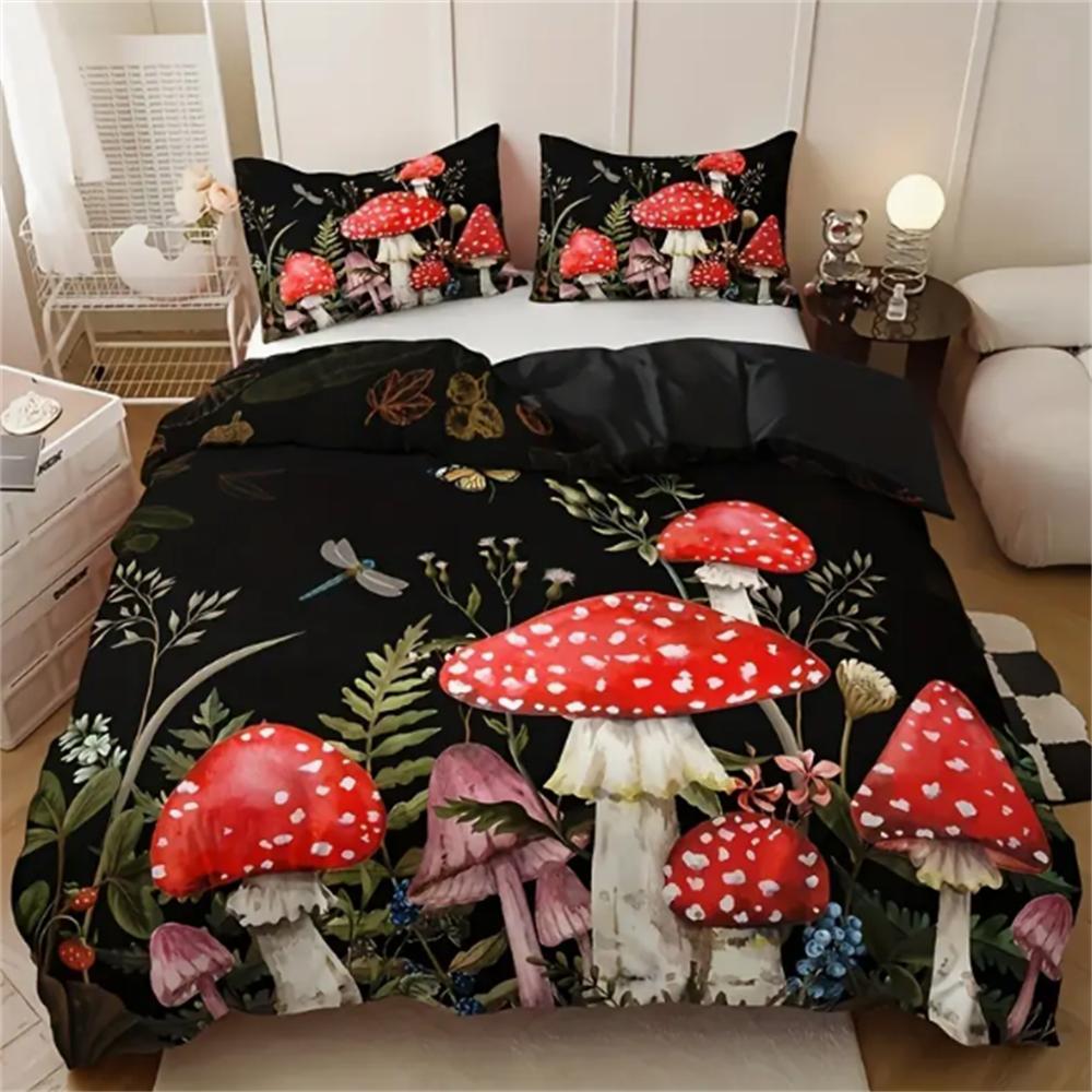 3-Piece Queen Size Red Mushroom Print Duvet Cover Set - Soft, Breathable, and Comfortable Polyester Bedding with Abstract
