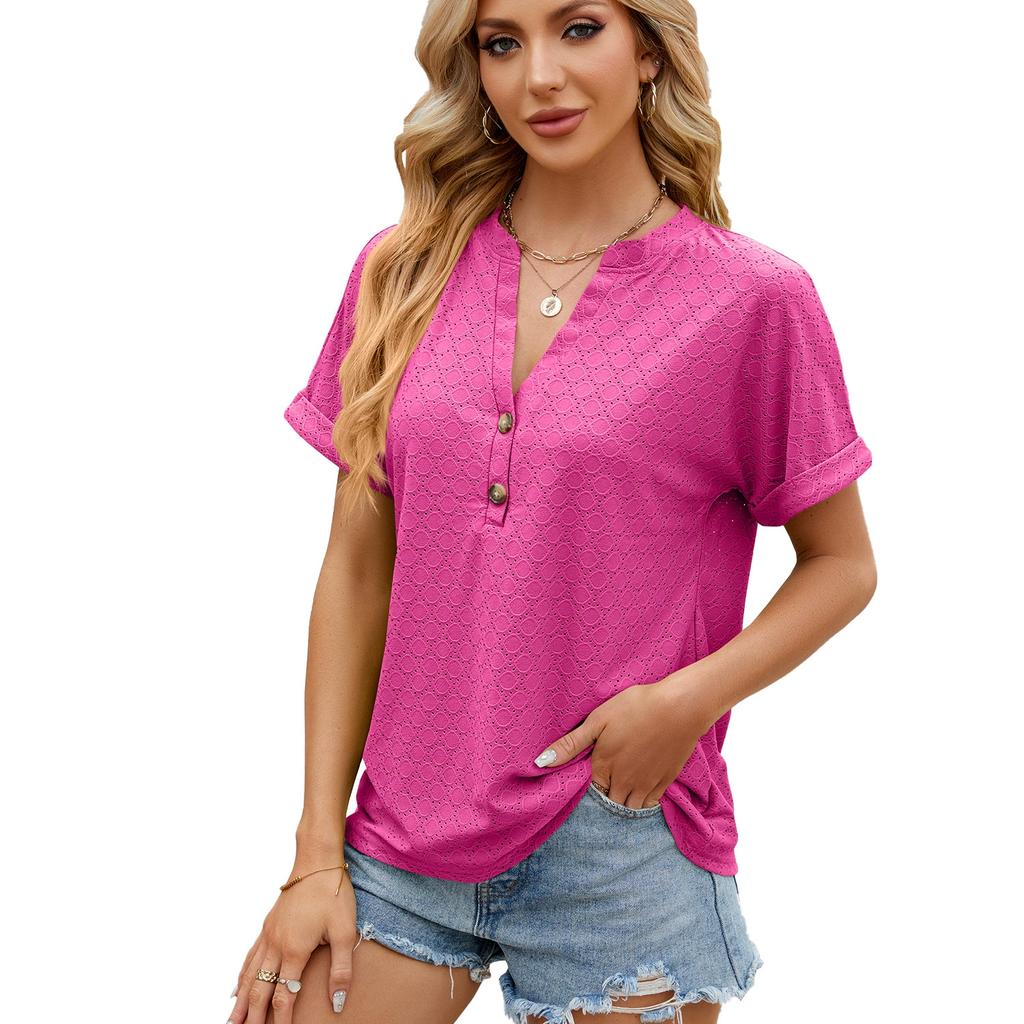 Spring and Summer Solid Color V-neck Button Loose Short-sleeved T-shirt Top Women's Clothing