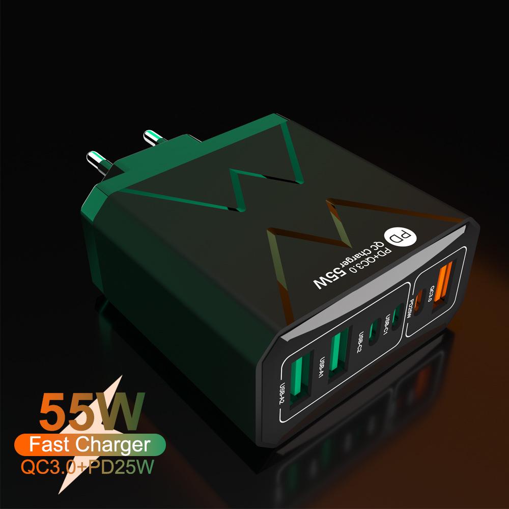 Быстрое зарядное устройство PD 25 Вт на 6 портов: 3 USB, 3 PD 55 Вт с QC3.0 – Штекеры EU, UK, AU