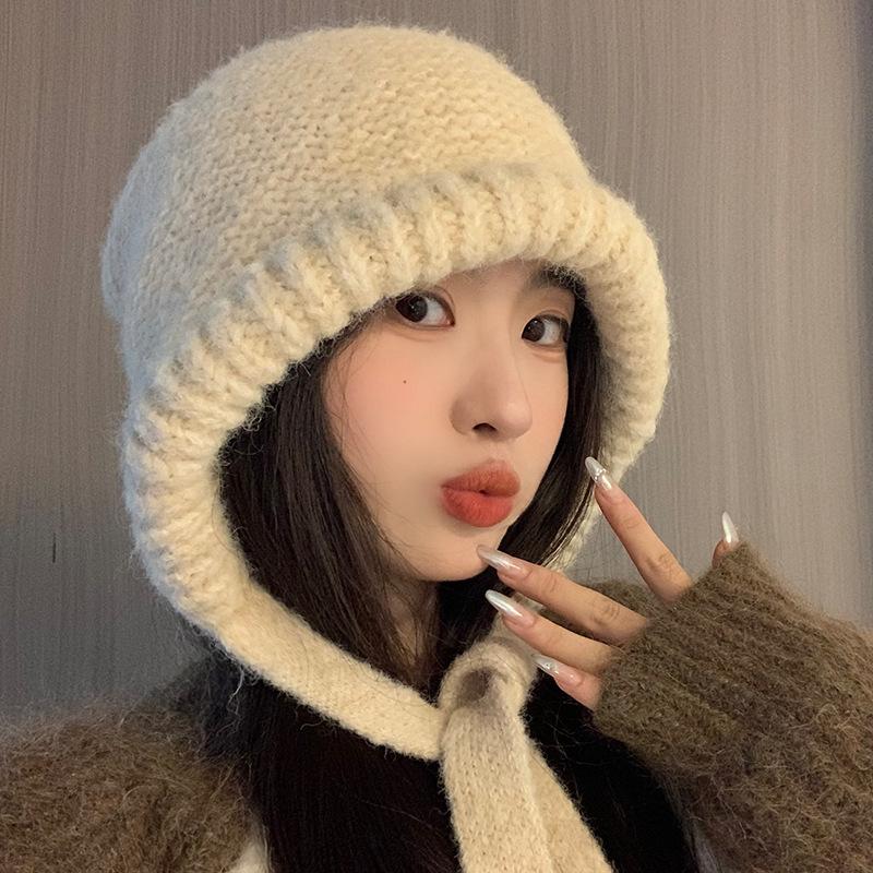 Wool Hat Women's Big Head Circumference Winter Cold Protection and Warm Ear Protection Knitted Cold Hat High-end Blue Pullover Bag Hat