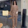 2 Pcs/Set Lady Formal Coat Pants Set Long Sleeves Button Strap Closure V Neck Cardigan Mid Length Jacket Straight High Waist Tro