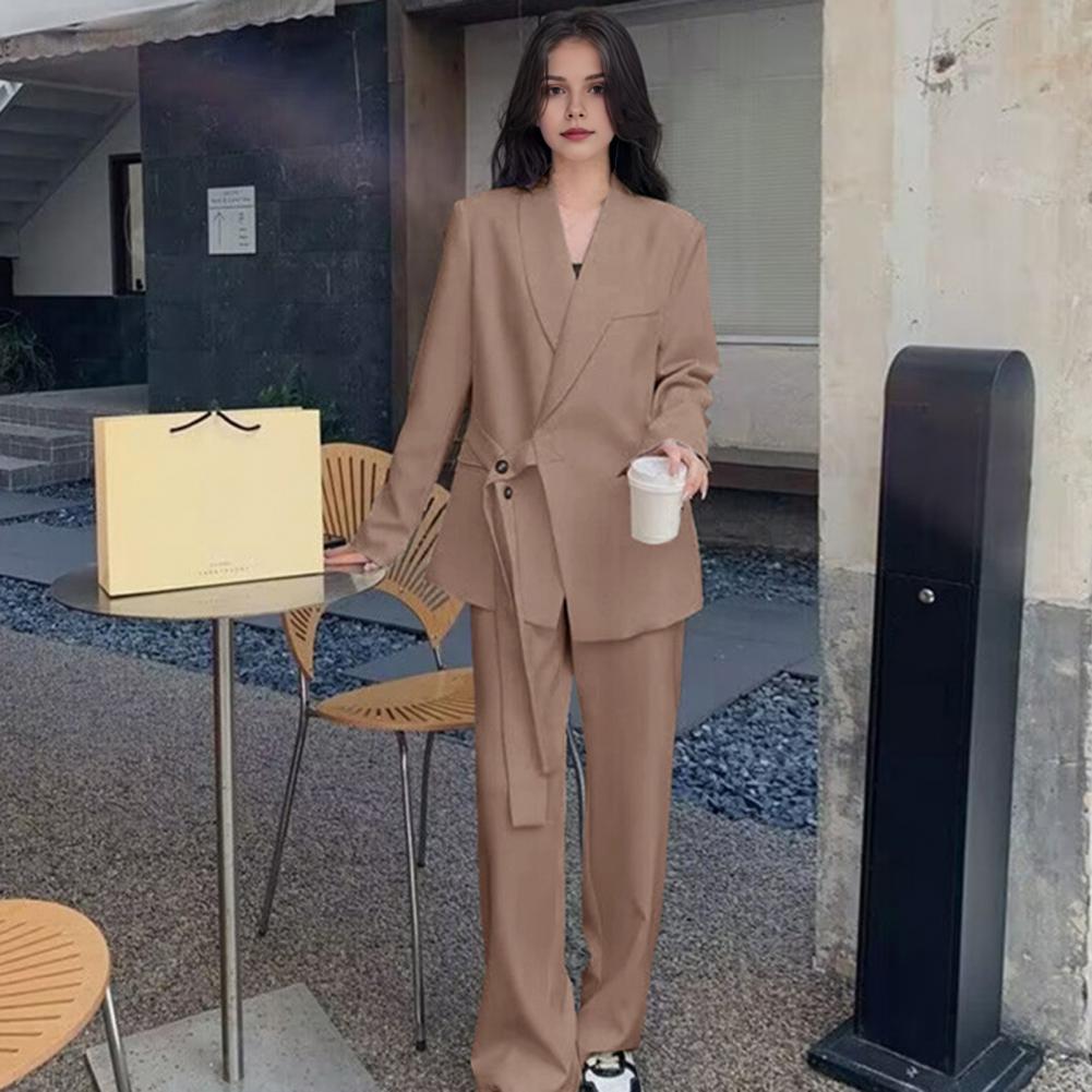 2 Pcs/Set Lady Formal Coat Pants Set Long Sleeves Button Strap Closure V Neck Cardigan Mid Length Jacket Straight High Waist Tro