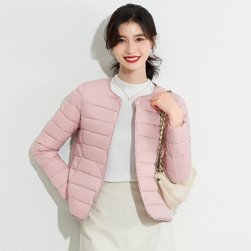 Lightweight Cotton Jacket Female. 2022 Autumn and Winter New Item, Warm Inner Liner, Solid Color, Round V-neck, Coat Base, Short Down Cotton Jacket