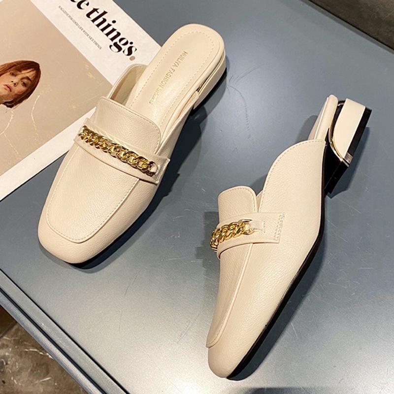 Модные летние закрытые тапочки женские толстые низкие каблуки мюли сплошные кожаные шлепанцы женские повседневные шлепанцы уличные туфли женские сандалии