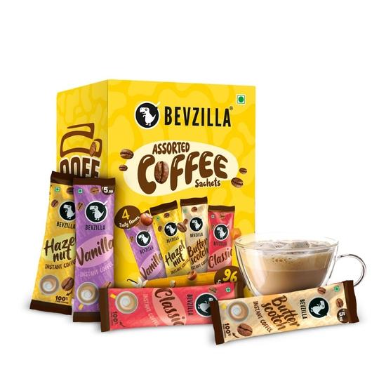 Bevzilla 96 пакетиков растворимого кофе(4 вкуса) - 192 грамма | Фундук, Классический, Ваниль и Ириска | 24 пакетика каждого вкуса