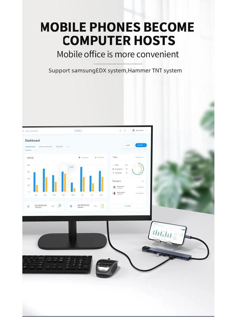 Многофункциональный адаптер 10-в-1 USB-C - HDTV с Ethernet 100M и USB-концентратором для мобильных устройств, ПК, игровых приставок