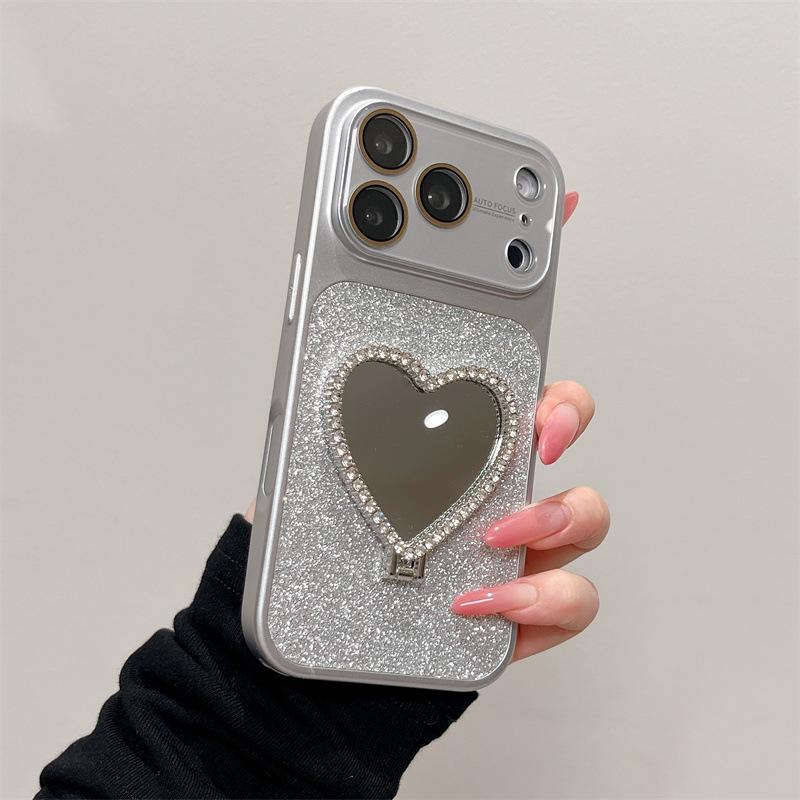 Чехол-подставка с зеркалом и блестками в виде сердца для iPhone 13/14/15/16/17 Pro Max
