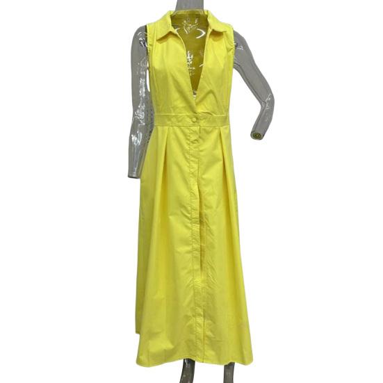 Летнее женское платье трапециевидной формы с глубоким V-образным вырезом и лацканами без рукавов, с большим подолом, плиссированными боковыми карманами, чистый цвет, официальное платье миди для делового офиса