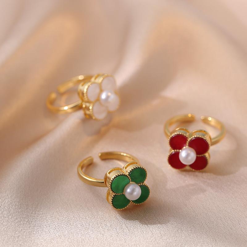 Легкое роскошное перламутровое кольцо с четырьмя листочками клевера, открытое кольцо с цветком, женское регулируемое кольцо с нишевым дизайном